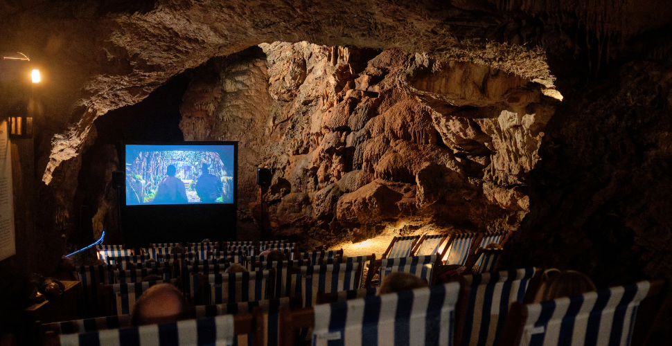 Underground cinema with deckchairs